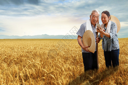 语音直播农民夫妇站在麦田里用手机视频背景