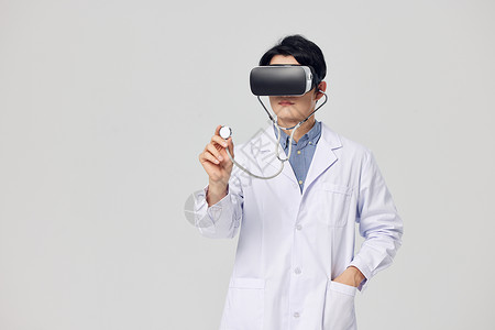 虚拟医疗穿白大褂戴着vr眼镜的医生就诊背景