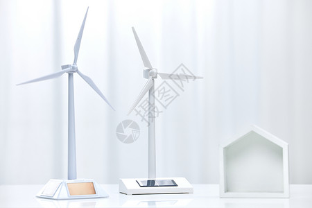 工业模型舞台桌上的风力发电风车模型背景