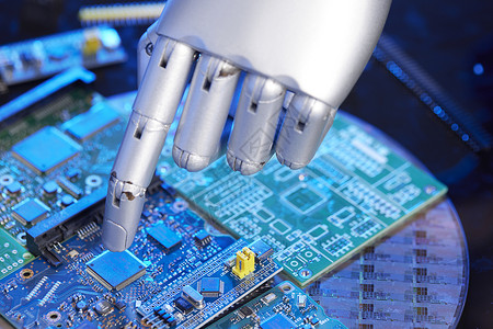 科技背景蓝色背景机械手指安装电路芯片背景