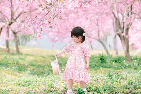 春天樱花下春游踏青的可爱小女孩背景图片