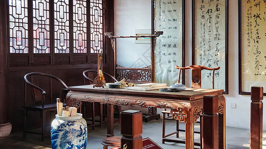 中式家居摆件古典建筑书房室内背景