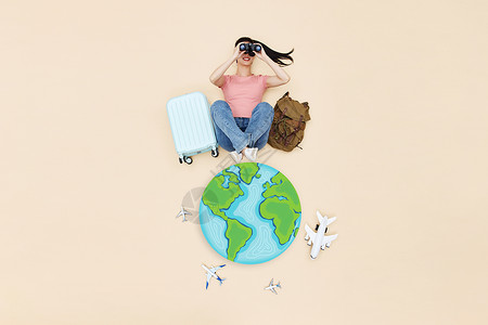 飞机环球创意俯拍活力女性环球世界旅行背景