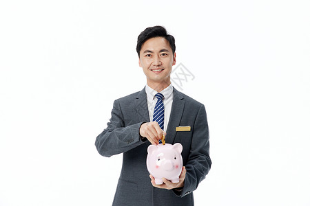 粉色猪形象理财顾问资金安全手拿储蓄罐形象背景