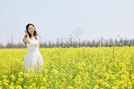 女性在油菜花海戴着耳机听歌图片素材