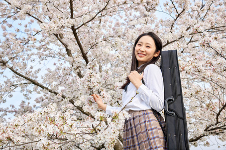 樱花树下背着乐器包的女性高中生高清图片