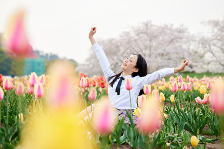 日绽放制服少女坐在郁金香花丛中背景