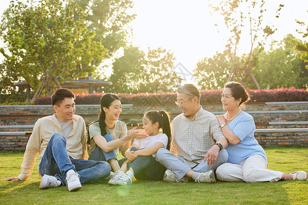 公园草地上和睦幸福的一家五口庆祝高清图片素材