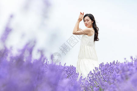 浪漫小清新夏季花朵站在薰衣草花田中的美丽女性背景