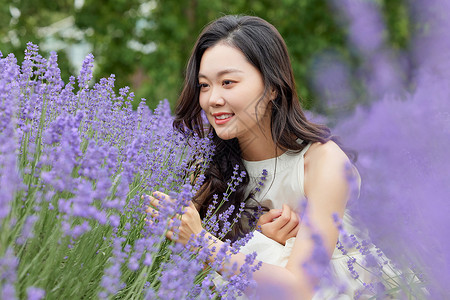 女生近距离观察植物薰衣草高清图片