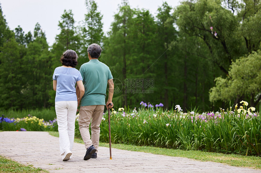 老年夫妻公园散步背影图片