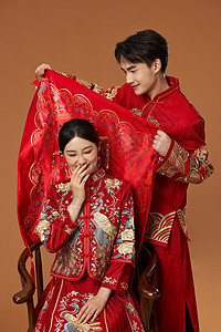 红盖头新娘中式传统新郎掀盖头背景
