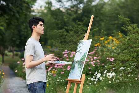 油画花园艺术家在公园里写生背景