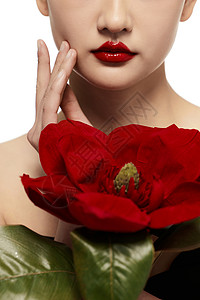 红唇美女手拿红花特写鲜花高清图片素材
