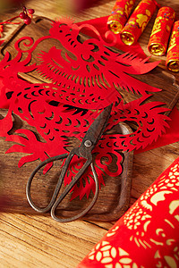 春节剪纸与剪刀静物背景图片