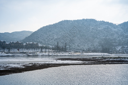 冬天湖面旁的雪山背景图片