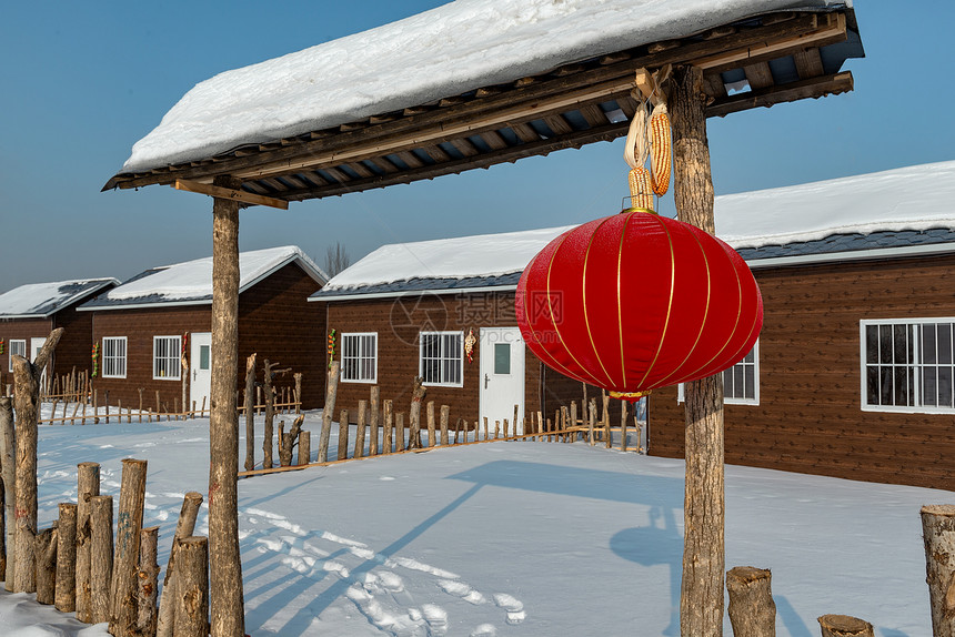 冬季农家乐乡村冰雪红灯笼图片