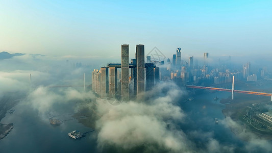 汽贸标志重庆来福士平流雾航拍背景