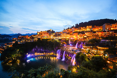 和顺古镇景观芙蓉镇夜景航拍背景