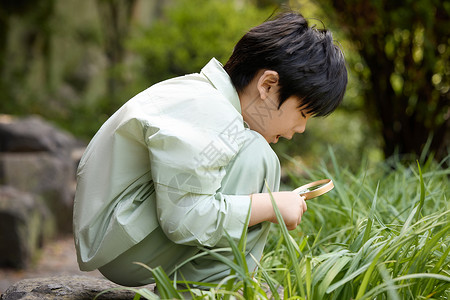 免费儿童节小男孩在植物园拿着放大镜观察植物背景