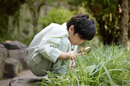 掉在地上小男孩拿着放大镜蹲在地上观察植物背景
