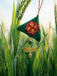 端午祝福挂在麦穗上的端午香包背景