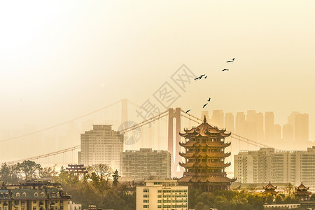 聚焦框湖北武汉黄鹤楼与鹦鹉洲大桥古今同框的景观背景