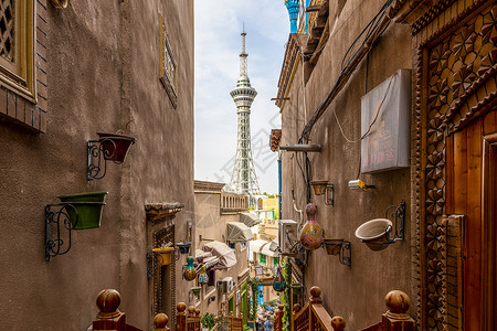 同程旅游新疆喀什古城区与昆仑塔同框街景背景