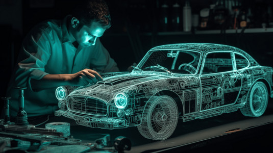 模型车机械师工程师在使用计算机生成汽车模型AR虚拟现实设计图片