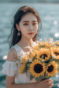 年轻美女在海边手捧一束黄色向日葵背景图片
