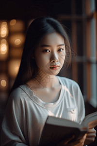 图书馆里的女孩抱着一本书背景图片