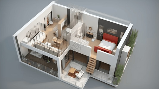 卧室3d效果图温暖3D两层楼效果图插画