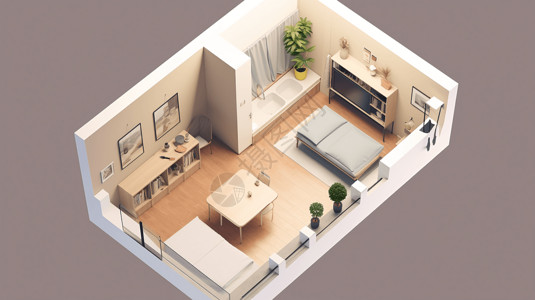 花苗室效果图一室户温馨公寓2.5D等距效果图插画