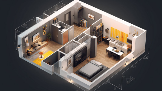 网点布局2.5D一室户公寓室内装修效果图插画