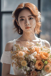 可爱亚洲女性手捧花束高清图片