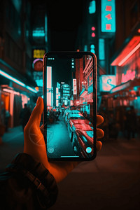 手托着手机手举着手机拍摄夜晚街景背景