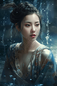 站在水中女孩中国古代美女站在水中写实插画插画