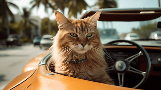 缅因猫在迈阿密海滩上驾驶敞篷车高清图片