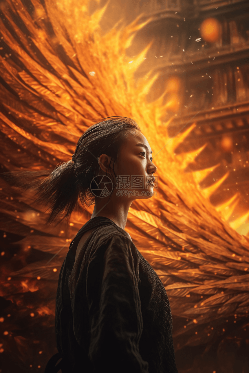 女孩站在燃烧着巨大的金凤凰前图片