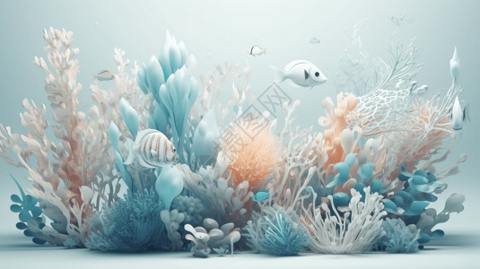 植物照明梦幻唯美海底植物和热带鱼3D图插画