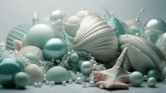 蓝绿色的梦幻海贝壳和散落的珍珠3D图高清图片