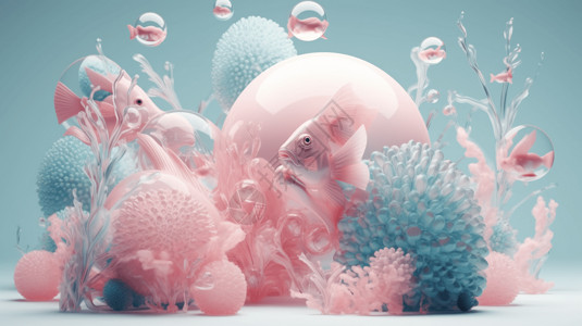 粉色热带鱼热带鱼珊瑚海底植物和透明气泡图插画