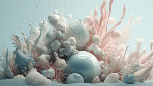 白色的粉粉蓝色珊瑚和海螺3D图插画