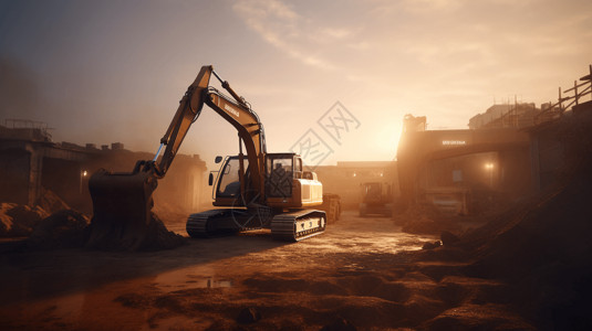 夕阳下工作的挖掘机背景图片