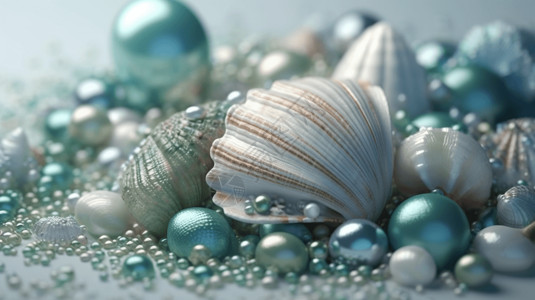 体积蓝色和绿色的海贝壳和散落的珍珠梦幻唯美3D图插画