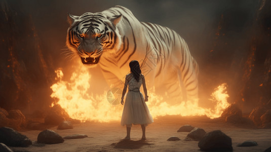 一个女孩站在巨大燃烧着的白虎前高清图片