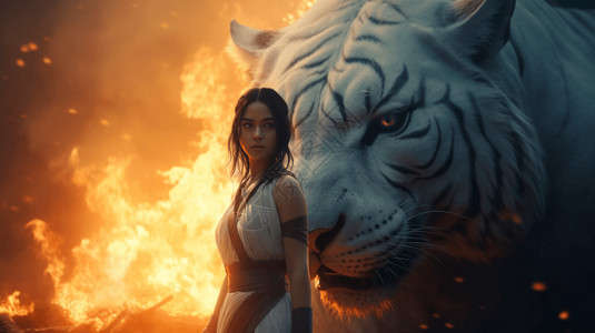 一个女孩和巨大震撼的白虎背景图片