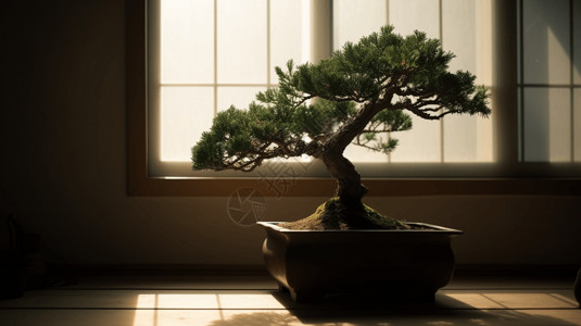 日系松树盆栽摆设背景图片