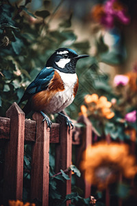 春天鸟儿坐在花栏上背景高清图片素材
