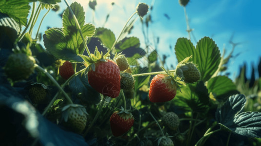 蓝天白云绿叶成熟的草莓背景